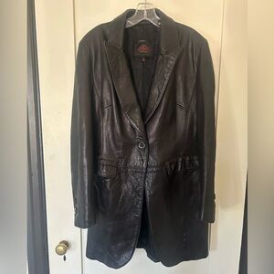 Vintage black leather long jacket tuxedo cut